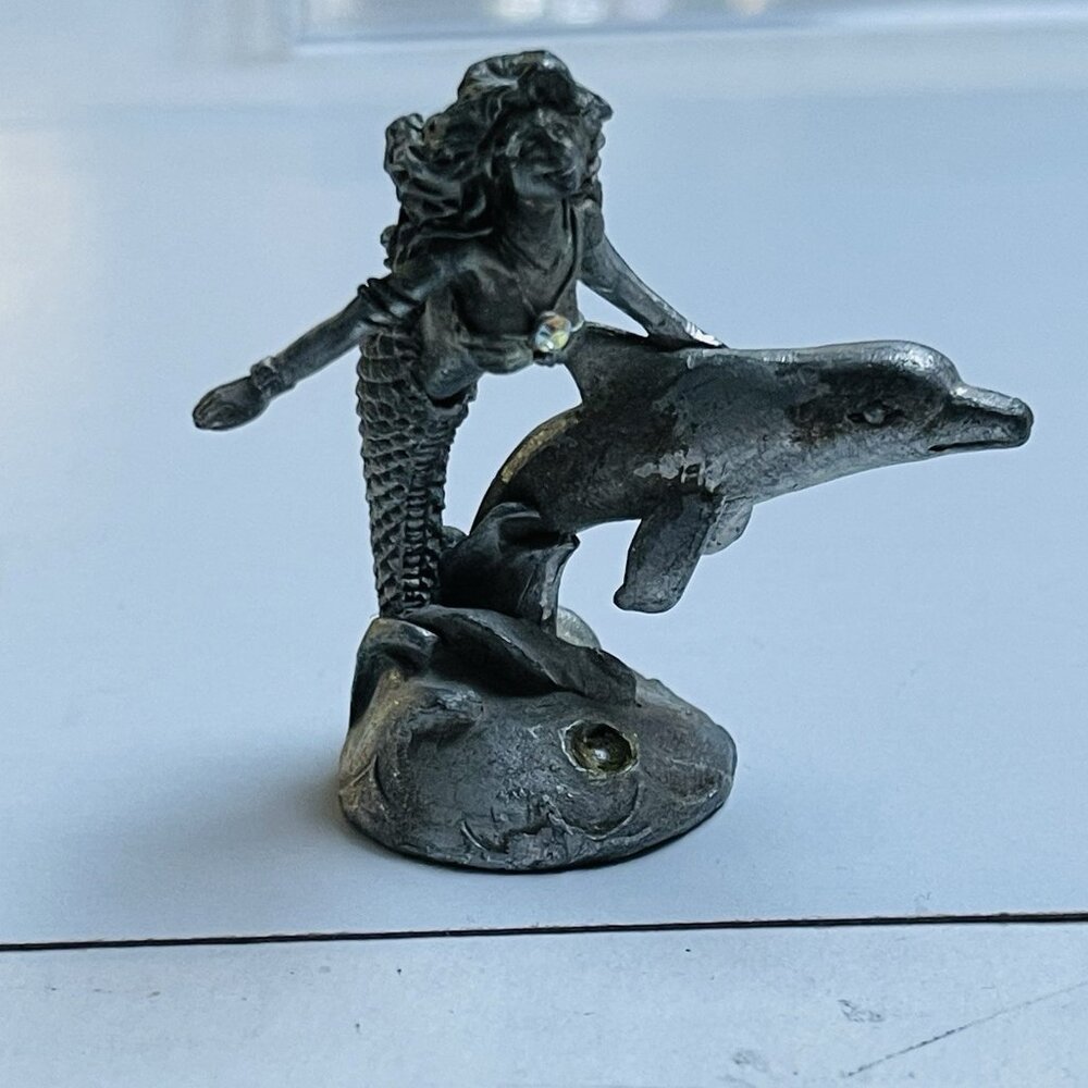 Vintage Pewter Mermaid Dol[hin Fantasy Mini Figure Stamped 93 Gallo Decor